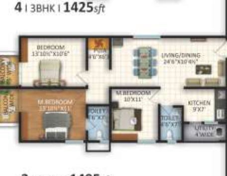 Floor plan of 3 BHK 1425 Sq. Ft. Apartment in Vasavi Lakecity West, Hyderabad