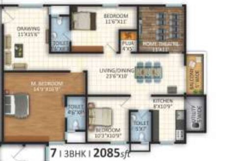 Floor plan of 3 BHK 2085 Sq. Ft. Apartment in Vasavi Lakecity West, Hyderabad