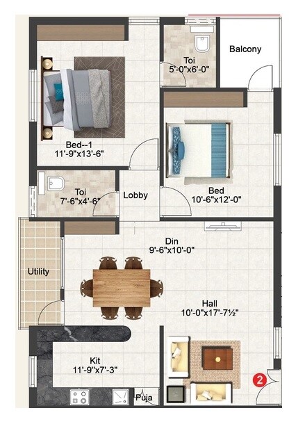 Floor plan of 2 BHK 1120 Sq. Ft. Apartment in Vasavi Shubakaram, Hyderabad