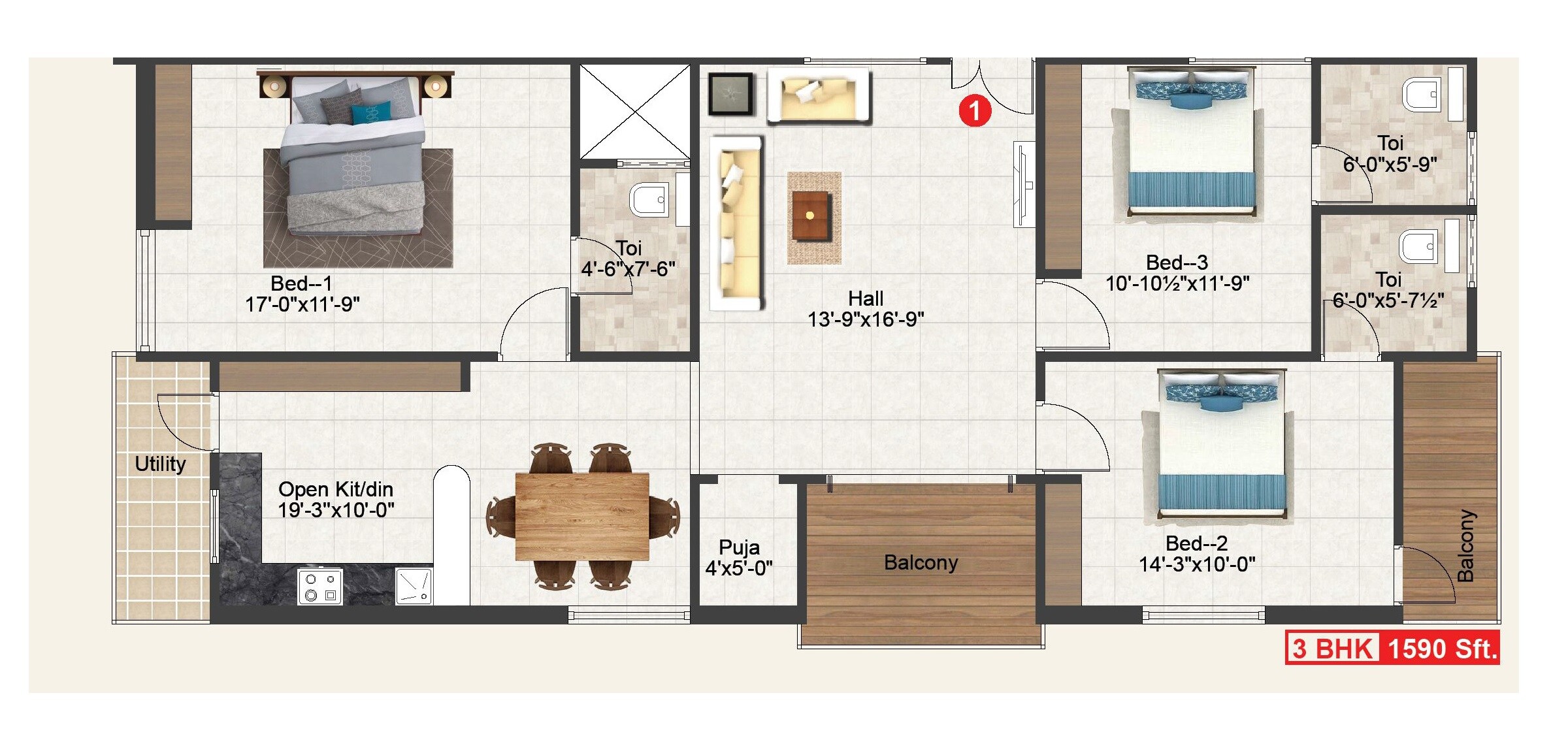 Floor plan of 3 BHK 1590 Sq. Ft. Apartment in Vasavi Shubakaram, Hyderabad