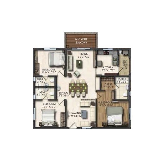 Floor plan of 3 BHK 1750 Sq. Ft. Apartment in Vasavi Signature, Hyderabad