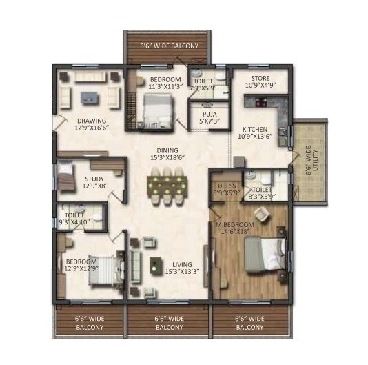 Floor plan of 3 BHK 3205 Sq. Ft. Apartment in Vasavi Signature, Hyderabad