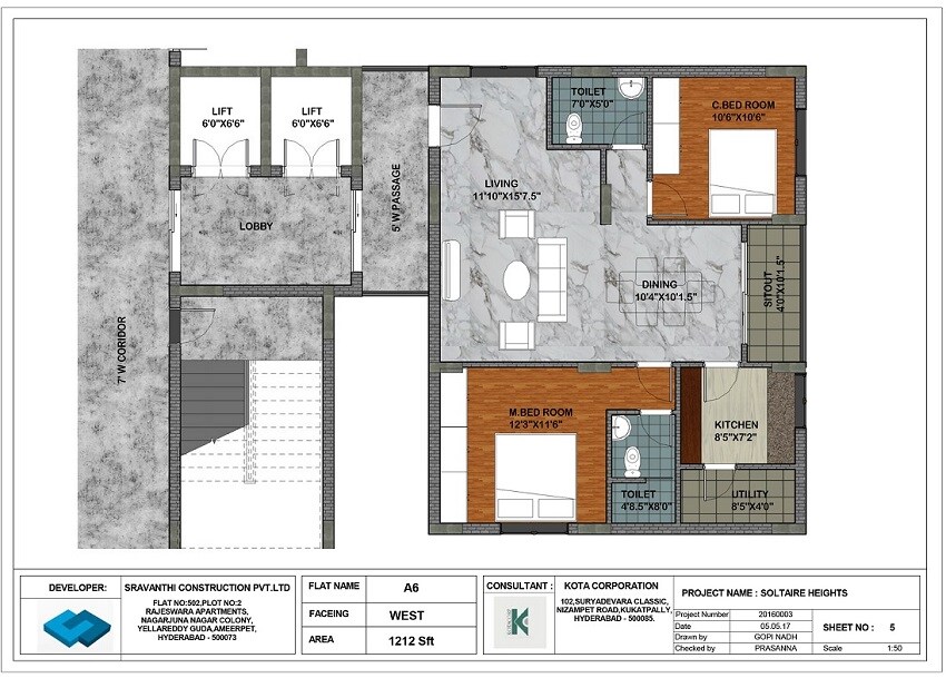 Floor plan of 2 BHK 1212 Sq. Ft. Apartment in Vasavi Solitaire Heights, Hyderabad
