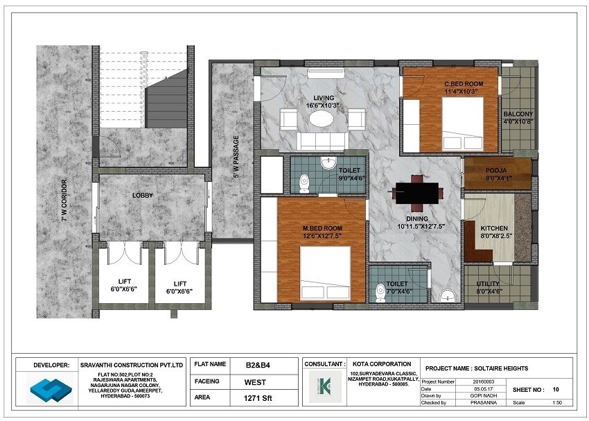 Floor plan of 2 BHK 1271 Sq. Ft. Apartment in Vasavi Solitaire Heights, Hyderabad
