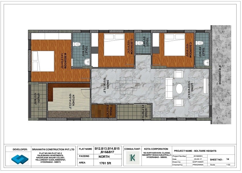 Floor plan of 3 BHK 1761 Sq. Ft. Apartment in Vasavi Solitaire Heights, Hyderabad