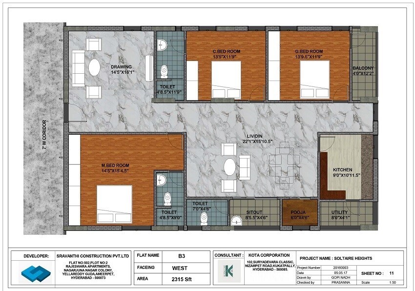 Floor plan of 3 BHK 2315 Sq. Ft. Apartment in Vasavi Solitaire Heights, Hyderabad