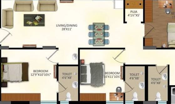 Floor plan of 2 BHK 1255 Sq. Ft. Apartment in Vasavi Sri Nilayam, Hyderabad
