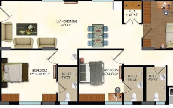 Floor plan of 3 BHK 1890 Sq. Ft. Apartment in Vasavi Sri Nilayam, Hyderabad