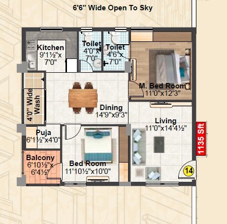 Floor plan of 2 BHK 1135 Sq. Ft. Apartment in Vasavi Sri Nivasam, Hyderabad