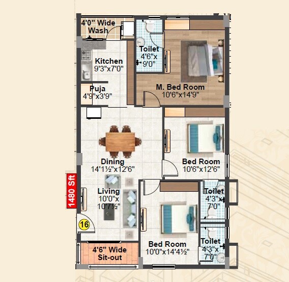 Floor plan of 3 BHK 1480 Sq. Ft. Apartment in Vasavi Sri Nivasam, Hyderabad