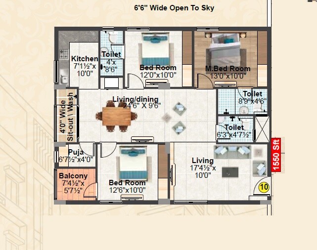 Floor plan of 3 BHK 1550 Sq. Ft. Apartment in Vasavi Sri Nivasam, Hyderabad