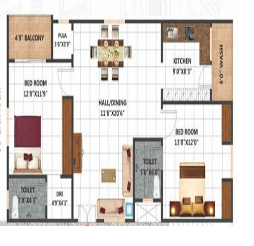 Floor plan of 2 BHK 1150 Sq. Ft. Apartment in Vasista Homes Bowrampet, Hyderabad