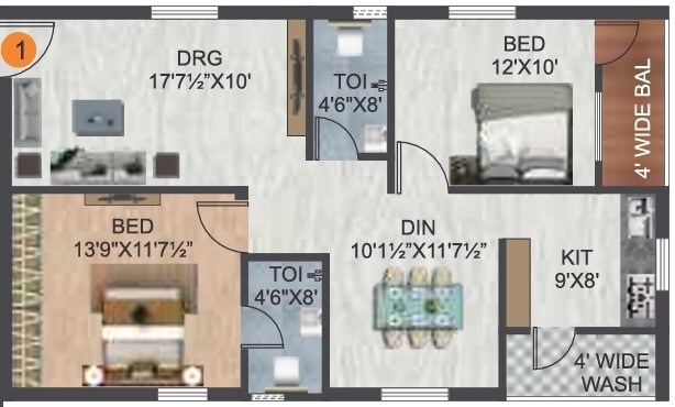 Floor plan of 2 BHK 1175 Sq. Ft. Apartment in Vasu Sri Pride, Hyderabad