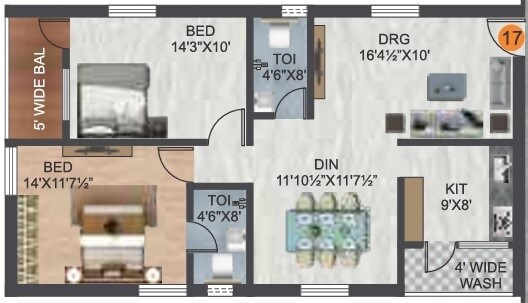 Floor plan of 2 BHK 1235 Sq. Ft. Apartment in Vasu Sri Pride, Hyderabad