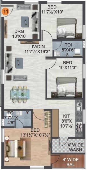 Floor plan of 3 BHK 1380 Sq. Ft. Apartment in Vasu Sri Pride, Hyderabad