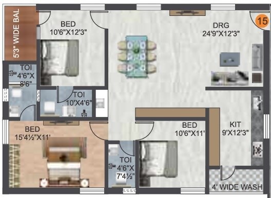 Floor plan of 3 BHK 1575 Sq. Ft. Apartment in Vasu Sri Pride, Hyderabad