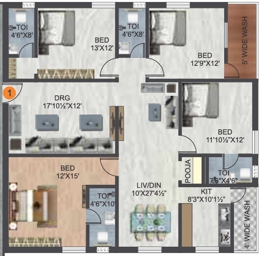 Floor plan of 4 BHK 2170 Sq. Ft. Apartment in Vasu Sri Pride, Hyderabad