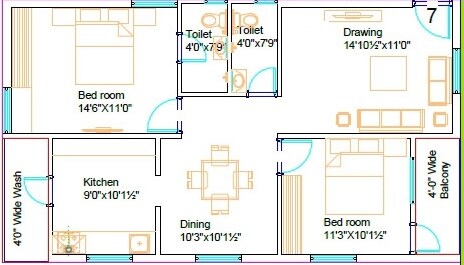 Floor plan of 2 BHK 1150 Sq. Ft. Apartment in Vasu Sri Sunrise, Hyderabad