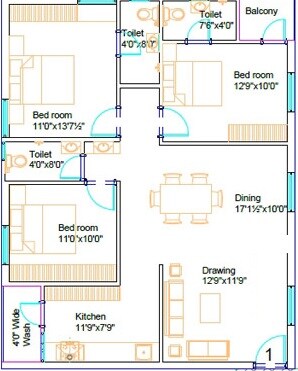 Floor plan of 3 BHK 1670 Sq. Ft. Apartment in Vasu Sri Sunrise, Hyderabad