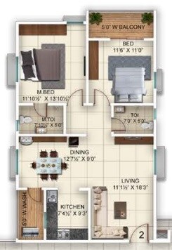 Floor plan of 2 BHK 1225 Sq. Ft. Apartment in Vazhraa Vihhari, Hyderabad