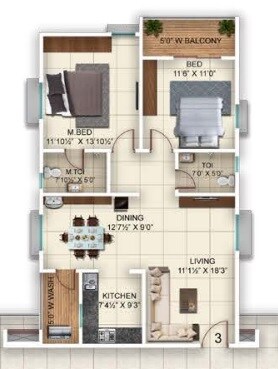 Floor plan of 2 BHK 1435 Sq. Ft. Apartment in Vazhraa Vihhari, Hyderabad