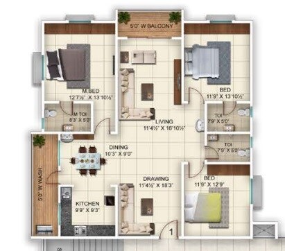 Floor plan of 3 BHK 1805 Sq. Ft. Apartment in Vazhraa Vihhari, Hyderabad