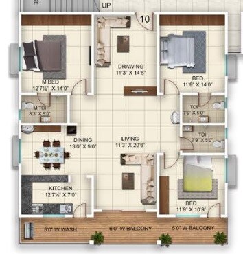 Floor plan of 3 BHK 2010 Sq. Ft. Apartment in Vazhraa Vihhari, Hyderabad