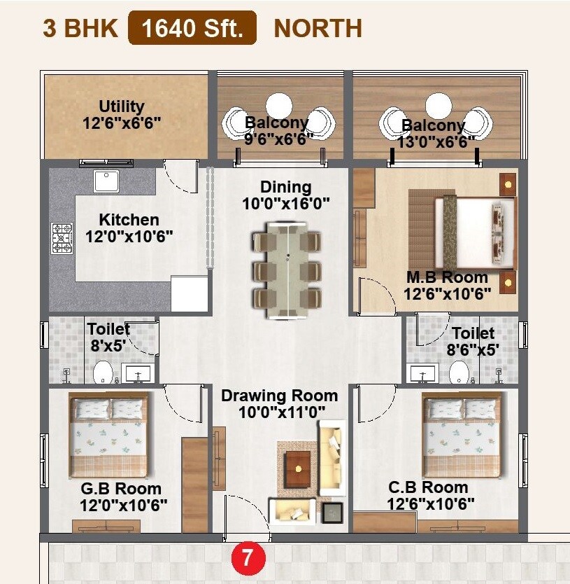 Floor plan of 3 BHK 1640 Sq. Ft. Apartment in Veda Homes Kardanur, Hyderabad