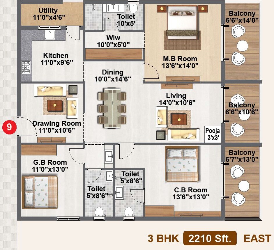 Floor plan of 3 BHK 2210 Sq. Ft. Apartment in Veda Homes Kardanur, Hyderabad