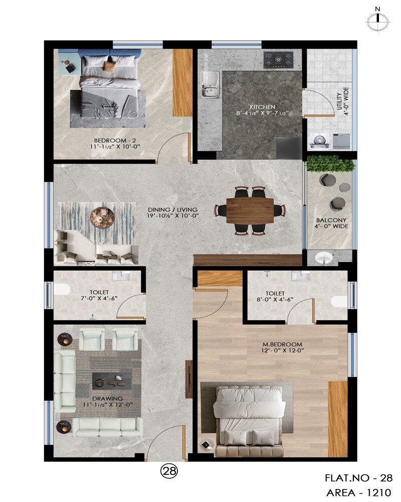 Floor plan of 2 BHK 1210 Sq. Ft. Apartment in Vedamsa Maa Srinivasam, Hyderabad