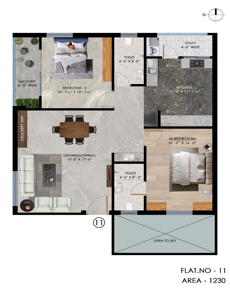Floor plan of 2 BHK 1230 Sq. Ft. Apartment in Vedamsa Maa Srinivasam, Hyderabad