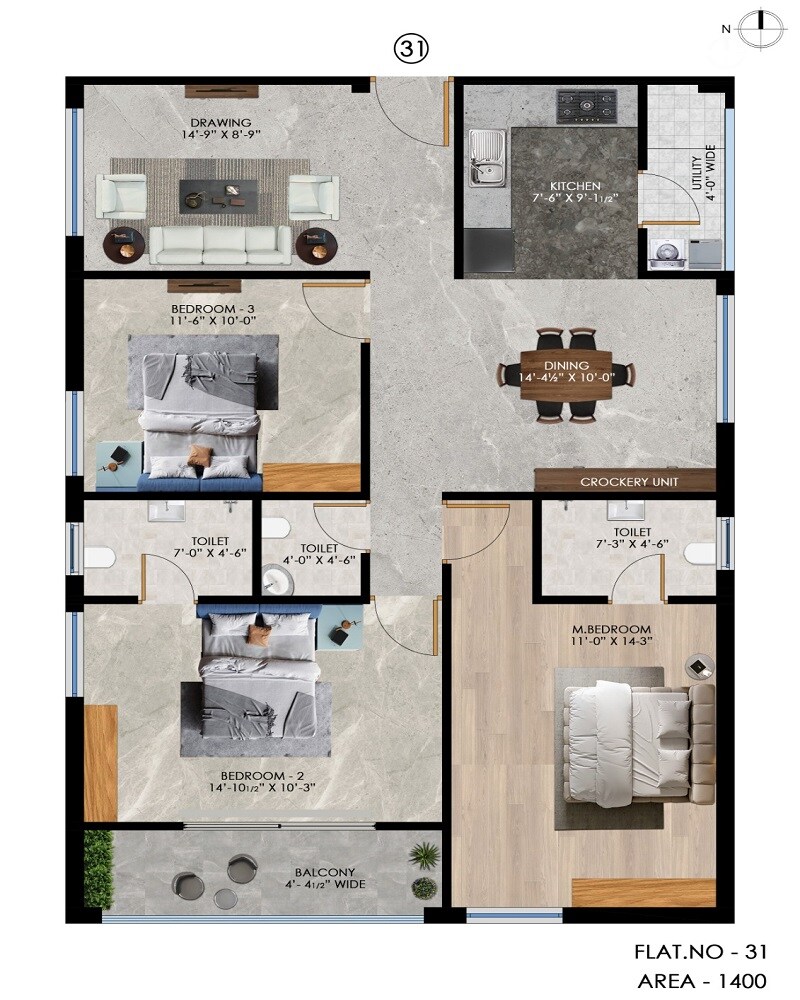 Floor plan of 3 BHK 1400 Sq. Ft. Apartment in Vedamsa Maa Srinivasam, Hyderabad