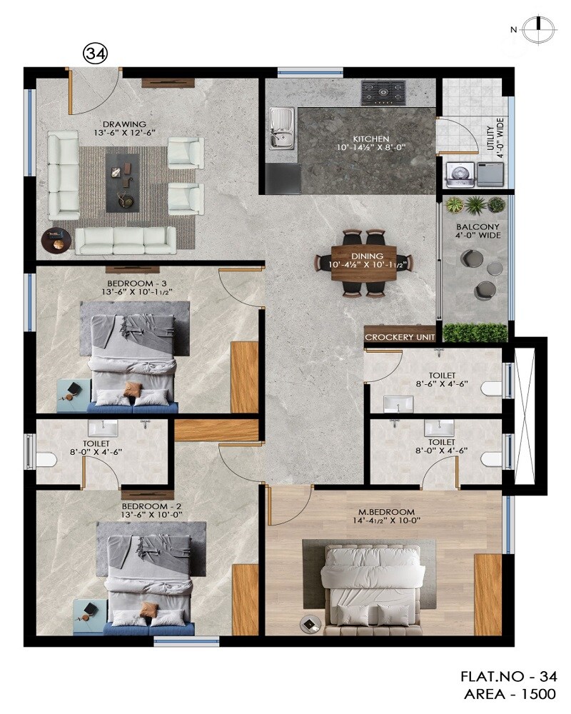 Floor plan of 3 BHK 1500 Sq. Ft. Apartment in Vedamsa Maa Srinivasam, Hyderabad