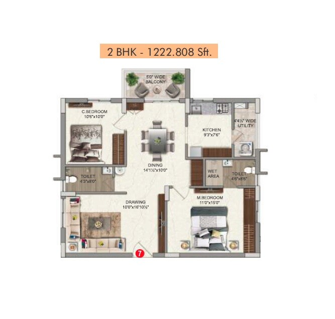 Floor plan of 2 BHK 1222 Sq. Ft. Apartment in Veekay The Communittee, Hyderabad