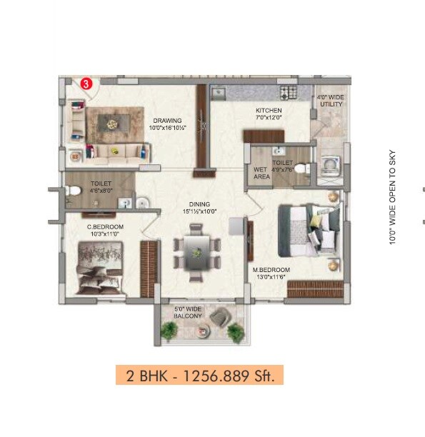 Floor plan of 2 BHK 1256 Sq. Ft. Apartment in Veekay The Communittee, Hyderabad