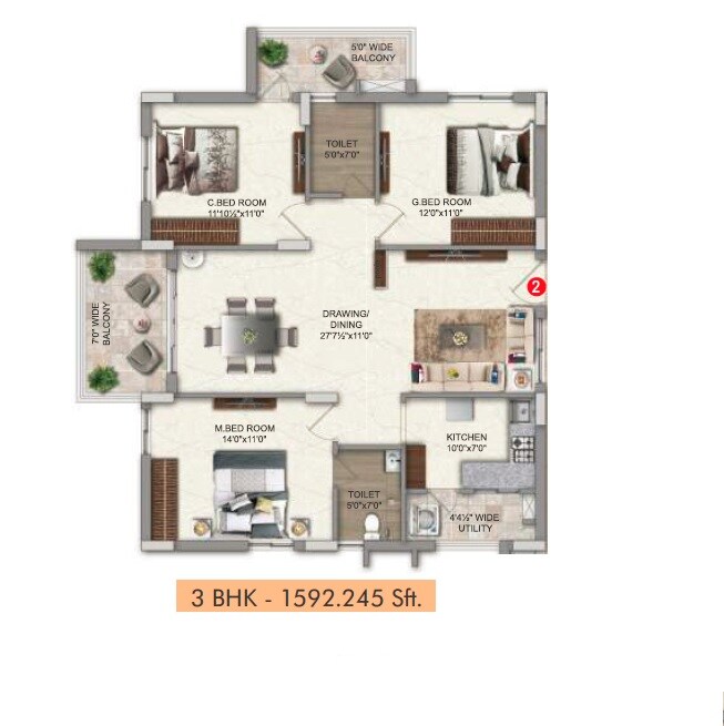 Floor plan of 3 BHK 1592 Sq. Ft. Apartment in Veekay The Communittee, Hyderabad