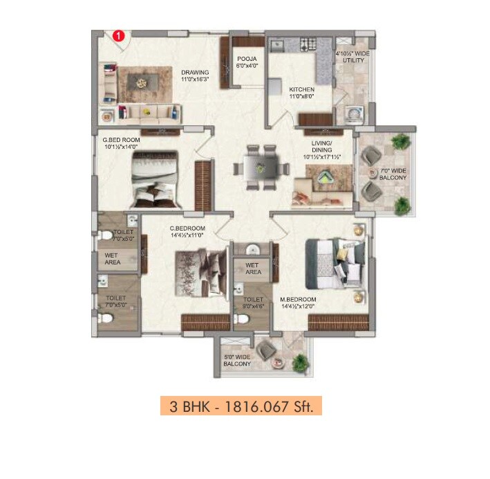 Floor plan of 3 BHK 1816 Sq. Ft. Apartment in Veekay The Communittee, Hyderabad