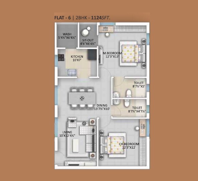Floor plan of 2 BHK 1124 Sq. Ft. Apartment in Velkore Infra Pinnacle, Hyderabad