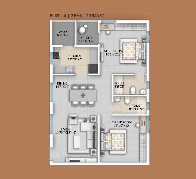 Floor plan of 2 BHK 1194 Sq. Ft. Apartment in Velkore Infra Pinnacle, Hyderabad