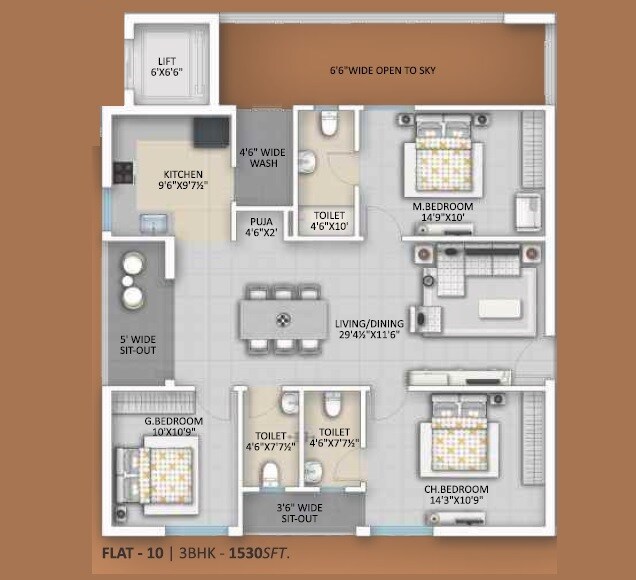 Floor plan of 3 BHK 1530 Sq. Ft. Apartment in Velkore Infra Pinnacle, Hyderabad