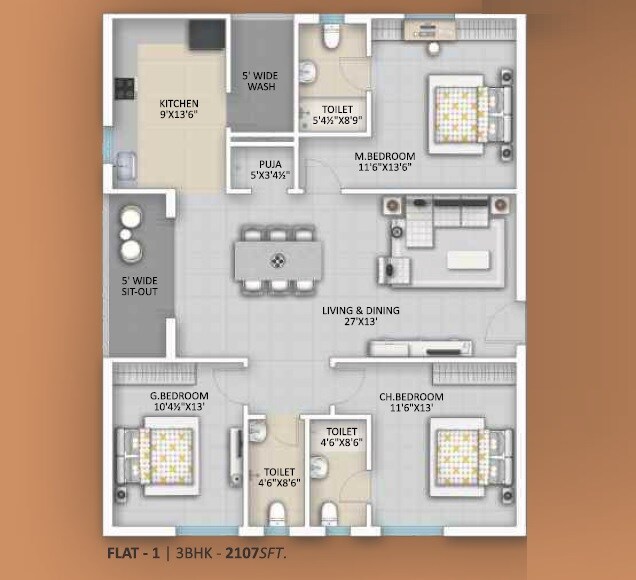 Floor plan of 3 BHK 2107 Sq. Ft. Apartment in Velkore Infra Pinnacle, Hyderabad