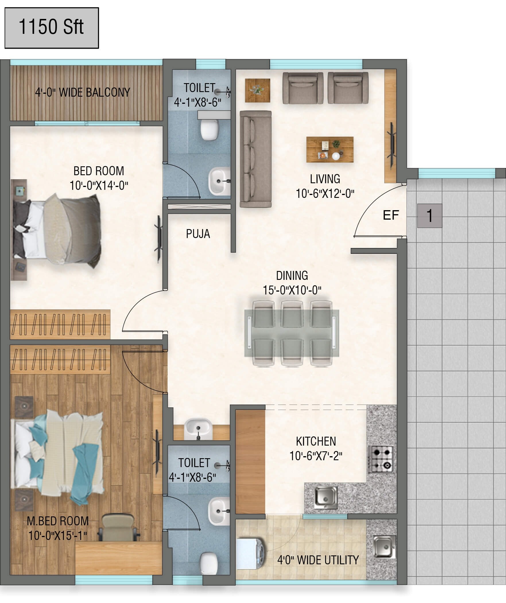 Floor plan of 2 BHK 1150 Sq. Ft. Apartment in Venkana Horizon, Hyderabad