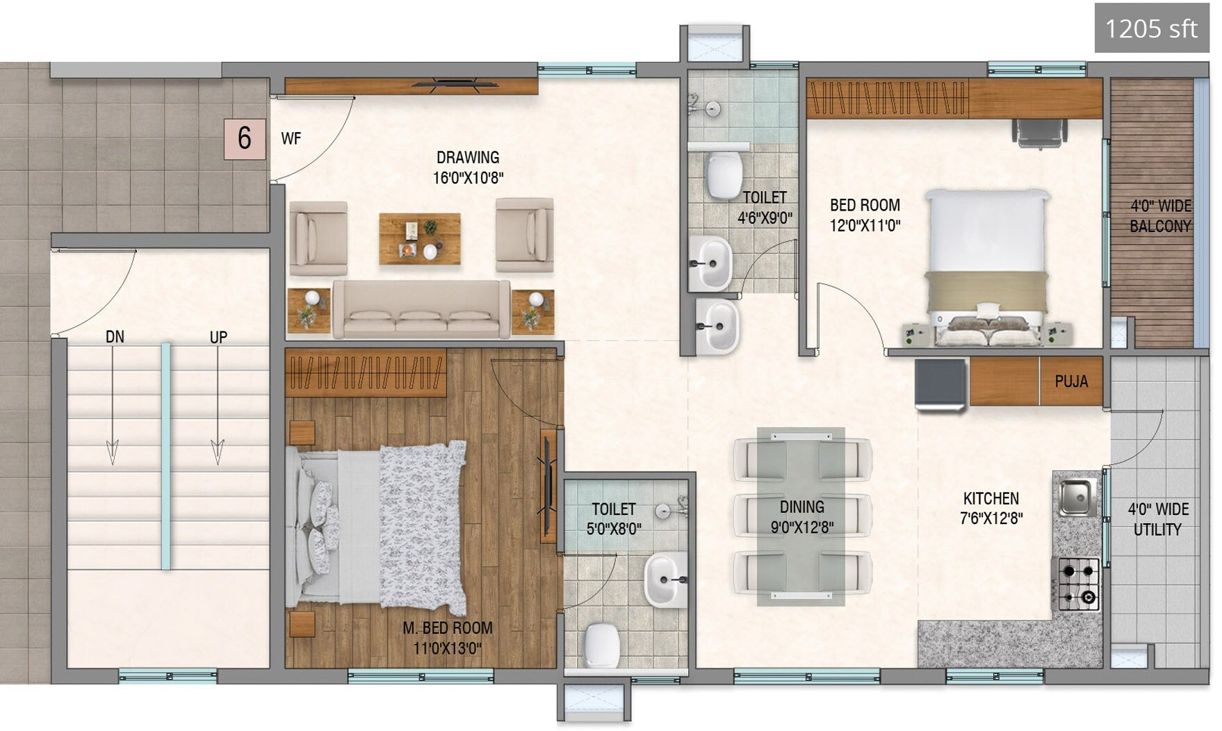 Floor plan of 2 BHK 1205 Sq. Ft. Apartment in Venkana Horizon, Hyderabad