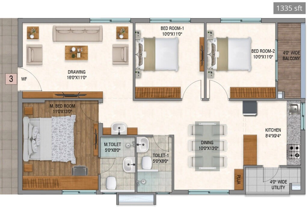 Floor plan of 3 BHK 1335 Sq. Ft. Apartment in Venkana Horizon, Hyderabad