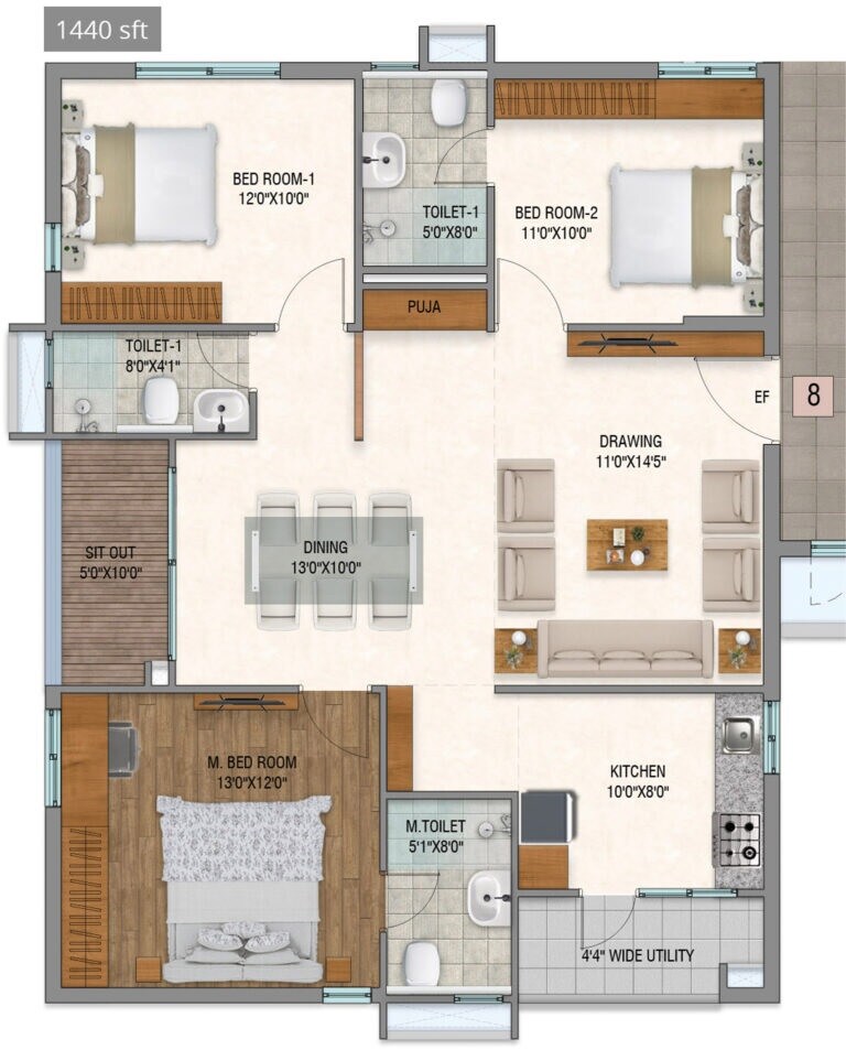 Floor plan of 3 BHK 1440 Sq. Ft. Apartment in Venkana Horizon, Hyderabad