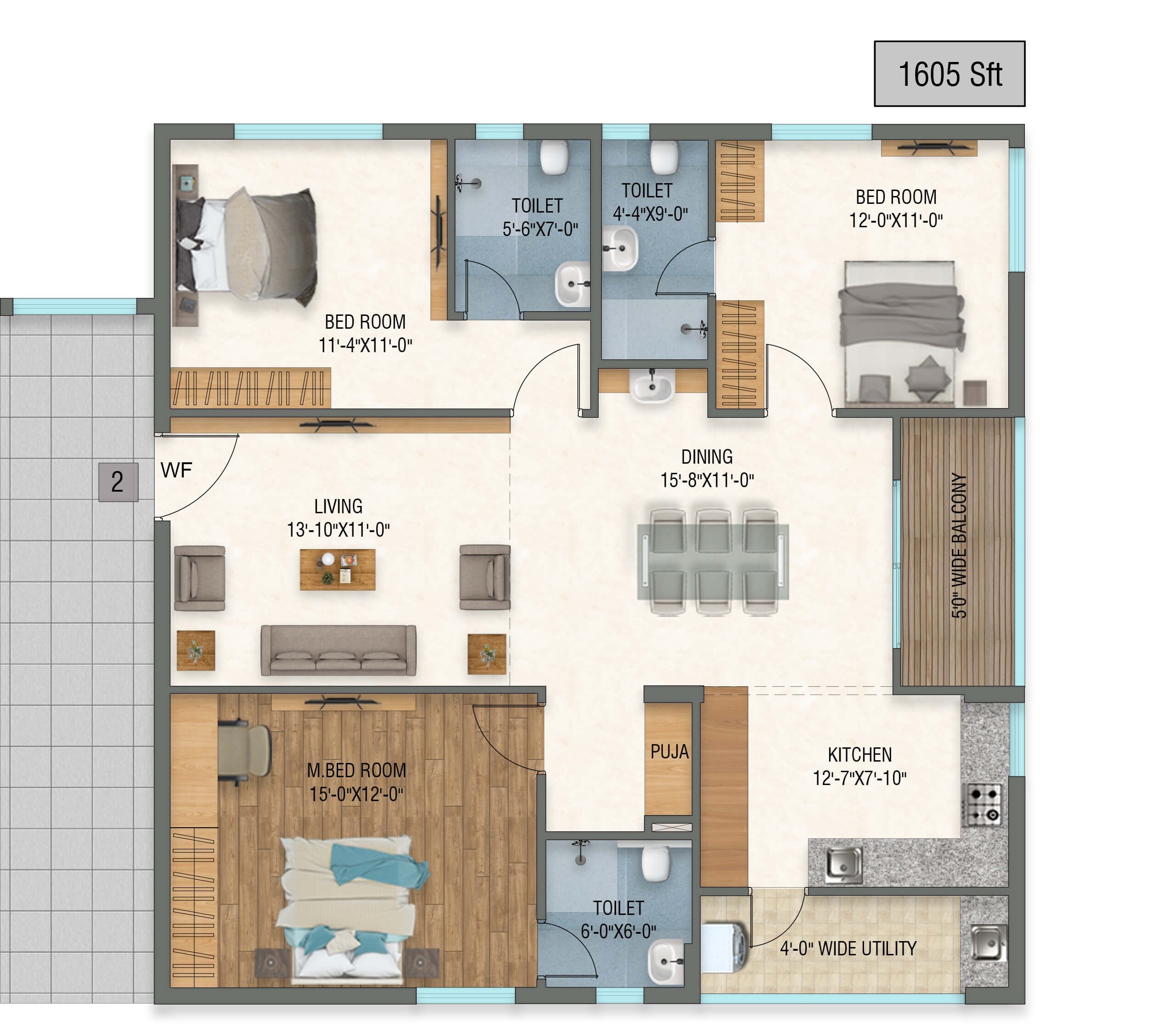 Floor plan of 3 BHK 1605 Sq. Ft. Apartment in Venkana Horizon, Hyderabad