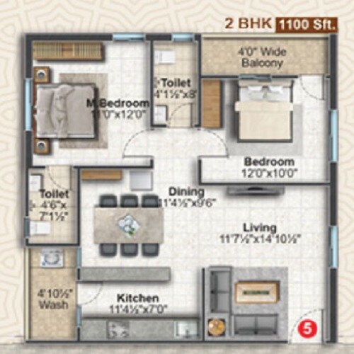 Floor plan of 2 BHK 1100 Sq. Ft. Apartment in Venkata Homes, Hyderabad
