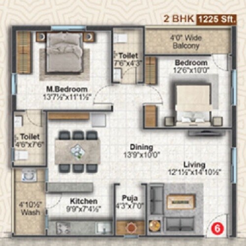 Floor plan of 2 BHK 1225 Sq. Ft. Apartment in Venkata Homes, Hyderabad