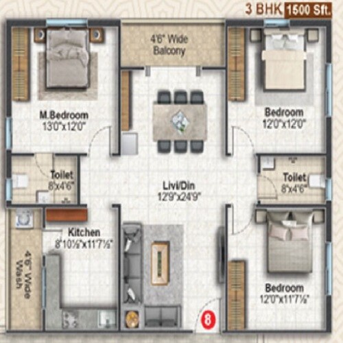 Floor plan of 3 BHK 1500 Sq. Ft. Apartment in Venkata Homes, Hyderabad