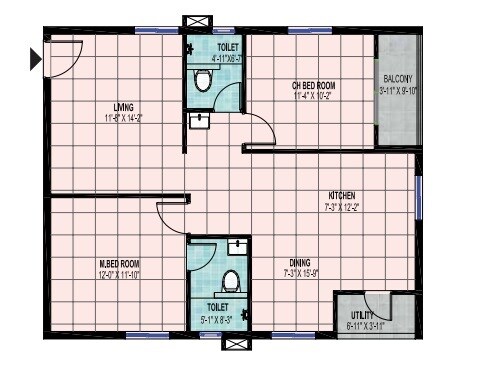 Floor plan of 2 BHK 1352 Sq. Ft. Apartment in Venkata Praneeth Pranav Flora, Hyderabad
